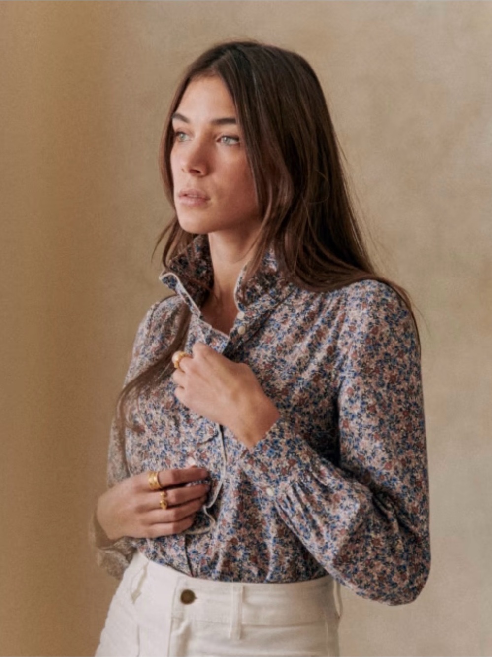 Sezane Blue and Cream Petite Floral High-Collar Blouse